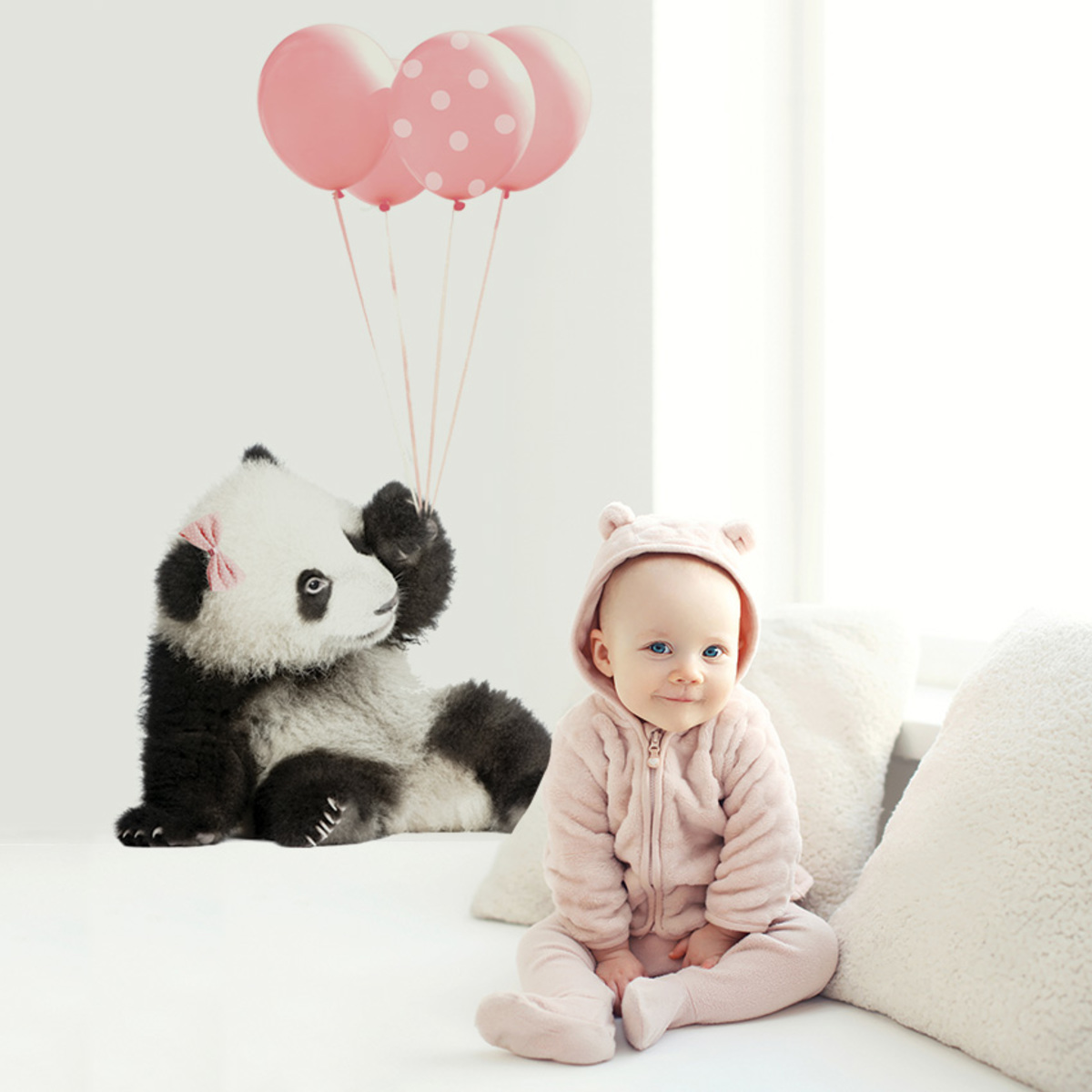 Decorațiune de perete DEKORNIK – panda cu baloane roz - 70 x 113 cm