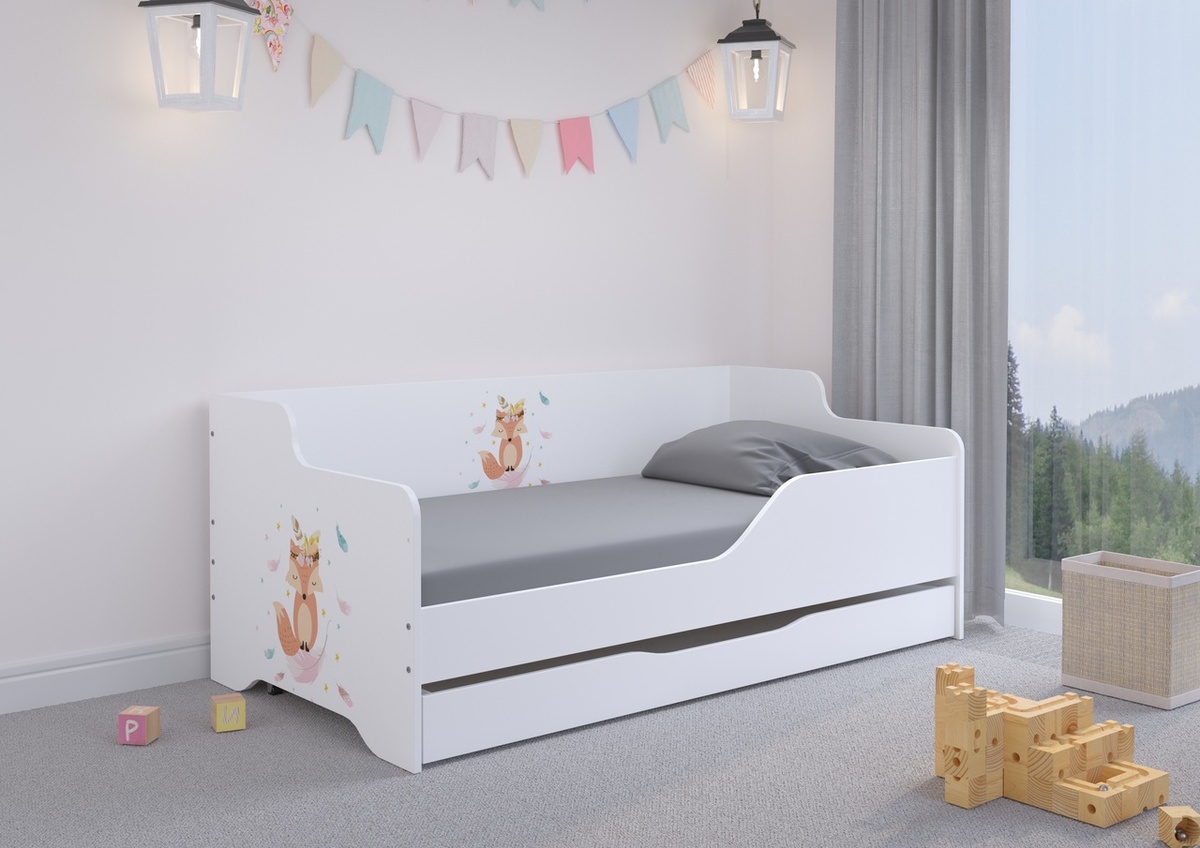 Pat copii cu spătar LILU 160 x 80 cm - Vulpe - pat + depozitare spațiu - barieră (A - stânga)