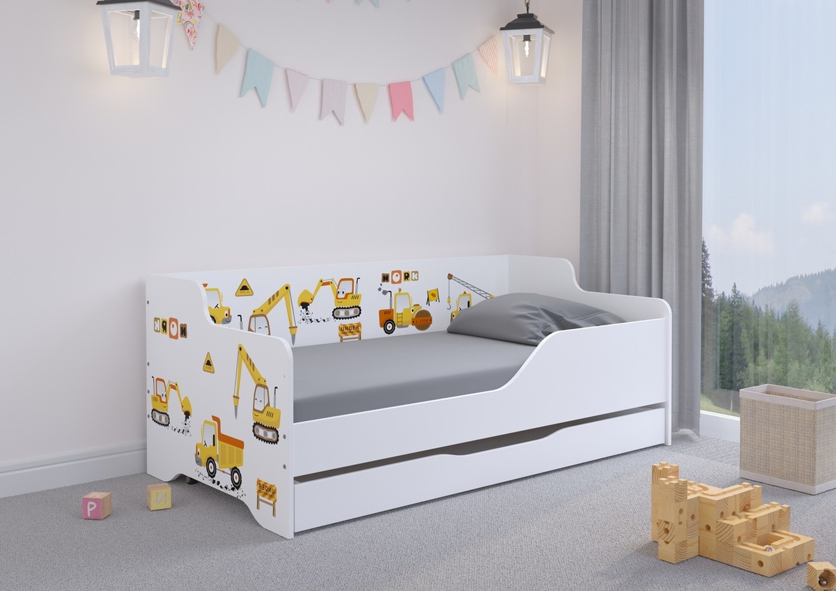 Pat copii cu spătar LILU 160 x 80 cm - Șantier - pat + depozitare spațiu - barieră (B - dreapta)