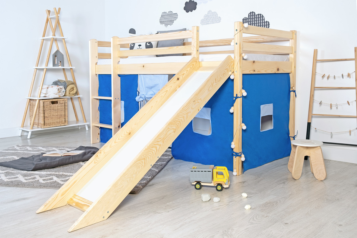 Pat cu etaj pentru copii Ourbaby Modo cu tobogan - pin - brad elevat pat