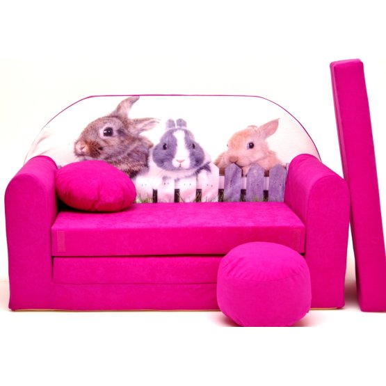 Canapea pentru copii cu tema unor iepurași-roz