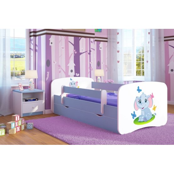 Patul pentru copii cu șină de pat cu tema unui elefant-albastru