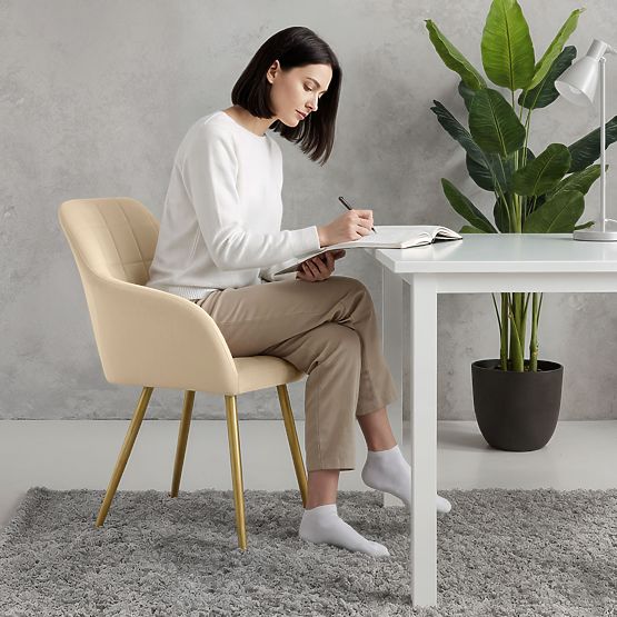 4x Scaun tapițat cu cusături pătrate Bej LUXANO Picioare aurii