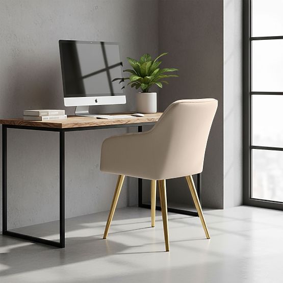 4x Scaun tapițat cu cusături pătrate Bej LUXANO Picioare aurii