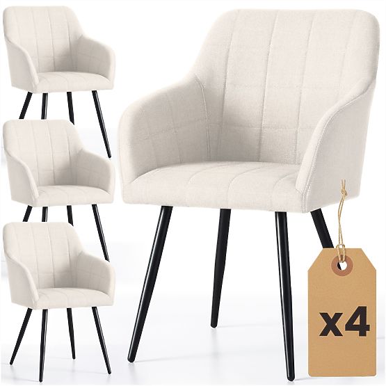 4x Scaun tapițat cu cusături pătrate Crem LUXANO Picioare negre material Lumos