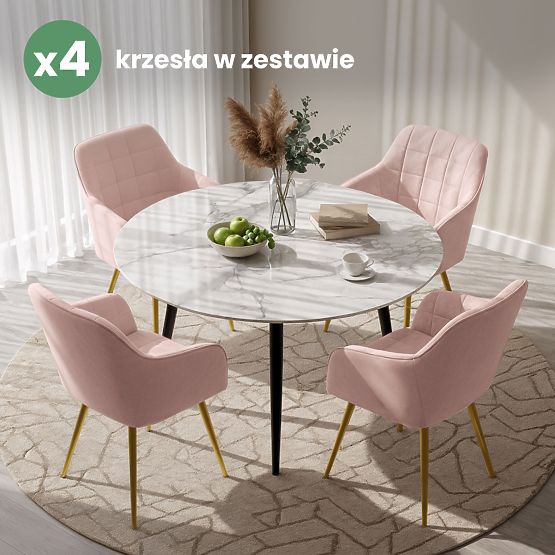 4x Scaun tapițat cu cusături pătrate Roz Pudră LUXANO Picioare Aurii