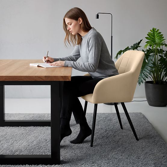 6x Scaun tapițat cu cusături pătrate Bej LUXANO Picioare negre