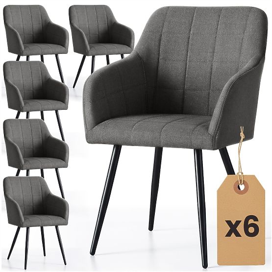 6x Scaun tapițat cu cusături pătrate Grafit Închis LUXANO Picioare negre material Lumos