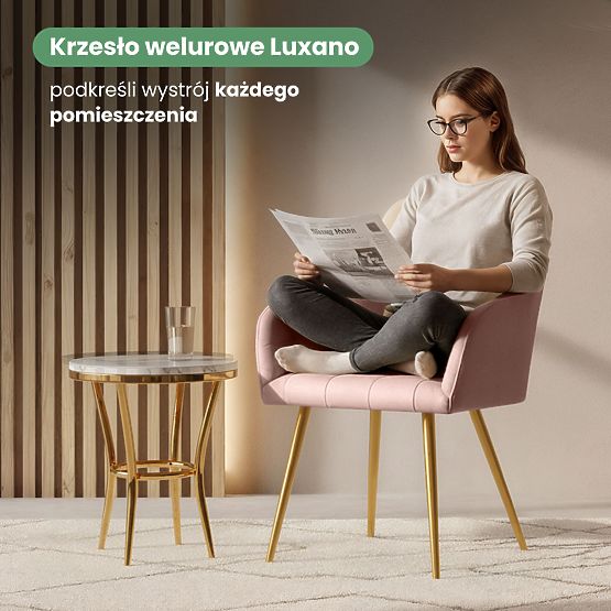 6x Scaun tapițat cu cusături pătrate Roz Pudră LUXANO Picioare aurii
