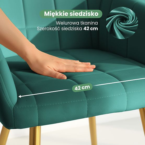 6x Scaun tapițat cu cusături pătrate Verde Smarald LUXANO Picioare aurii
