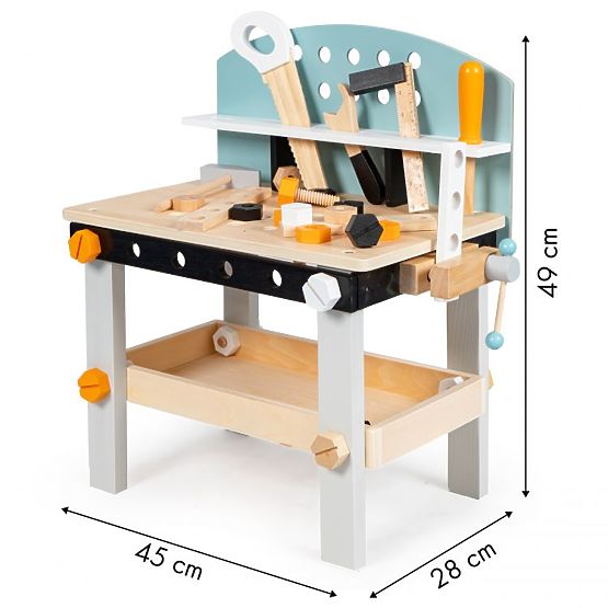 Atelier din lemn pentru copii, banc de lucru cu unelte, 38 de elemente ECOTOYS