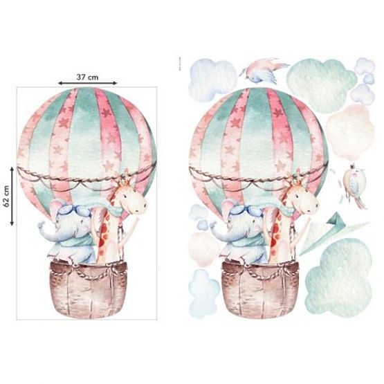 Autocolant de perete - Balon, elefant și girafă