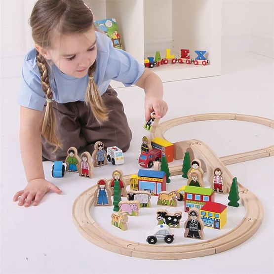 Bigjigs Rail Set mare de accesorii din lemn pentru șine de tren