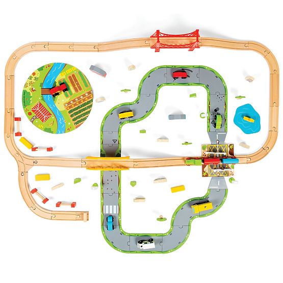 Bigjigs Rail Linie de tren din lemn cu drum de țară 80 de părți