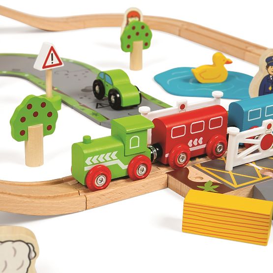 Bigjigs Rail Linie de tren din lemn cu drum de țară 80 de părți
