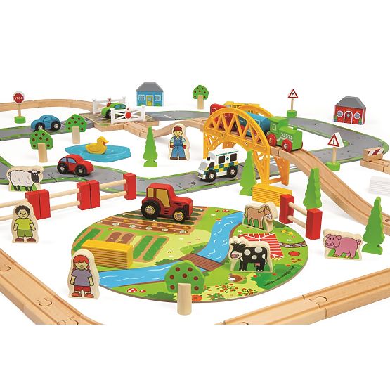 Bigjigs Rail Linie de tren din lemn cu drum de țară 80 de părți