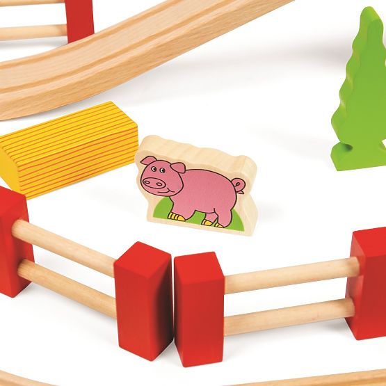 Bigjigs Rail Linie de tren din lemn cu drum de țară 80 de părți