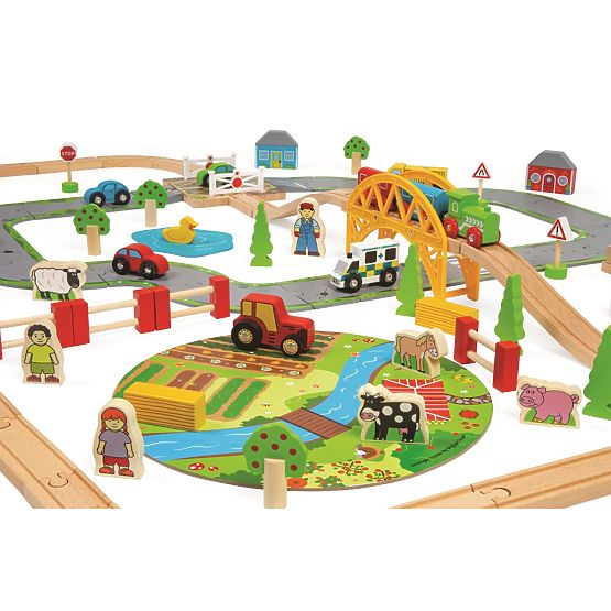 Bigjigs Rail Linie de tren din lemn cu drum de țară 80 de părți