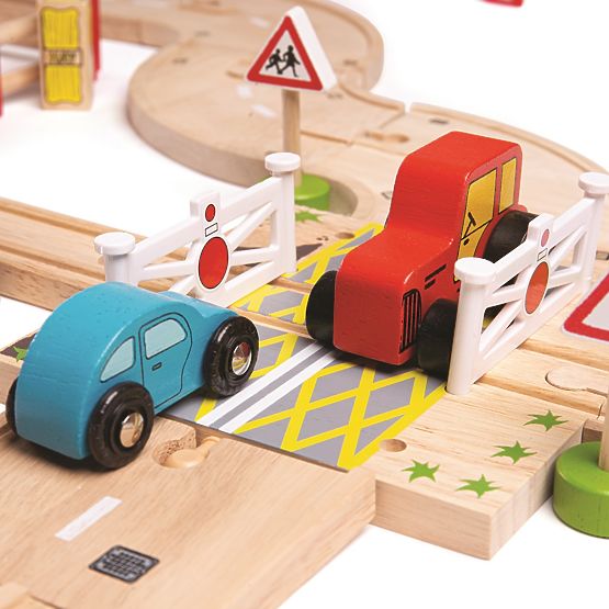 Bigjigs Rail Linie de tren din lemn cu drum de țară 80 de părți