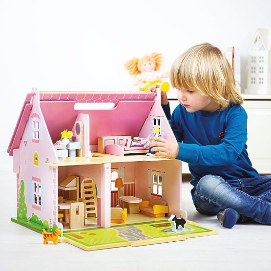 Bigjigs Toys Casă de păpuși portabilă din lemn