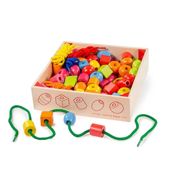 Bigjigs Toys Mărgele din sfoară de lemn într-un borcan