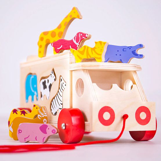 Bigjigs Toys Mașină din lemn cu animale