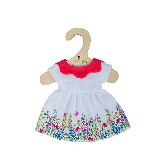 Bigjigs Toys Rochie albă cu flori și guler roșu pentru păpușă de 25 cm