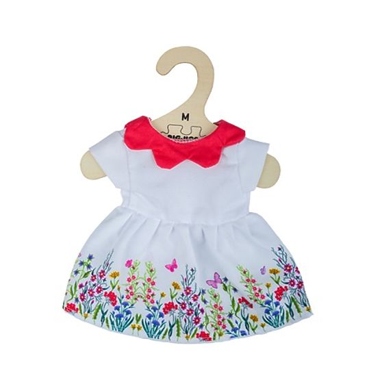 Bigjigs Toys Rochie albă cu flori și guler roșu pentru păpușă de 34 cm