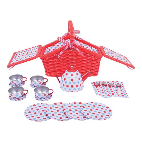 Bigjigs Toys Set de ceai cu buline în coș de picnic