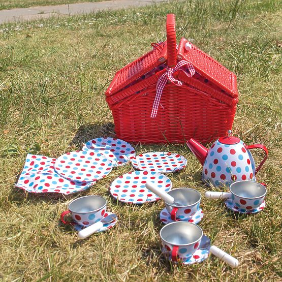 Bigjigs Toys Set de ceai cu buline în coș de picnic