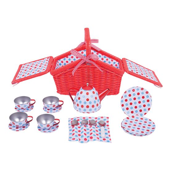 Bigjigs Toys Set de ceai cu buline în coș de picnic