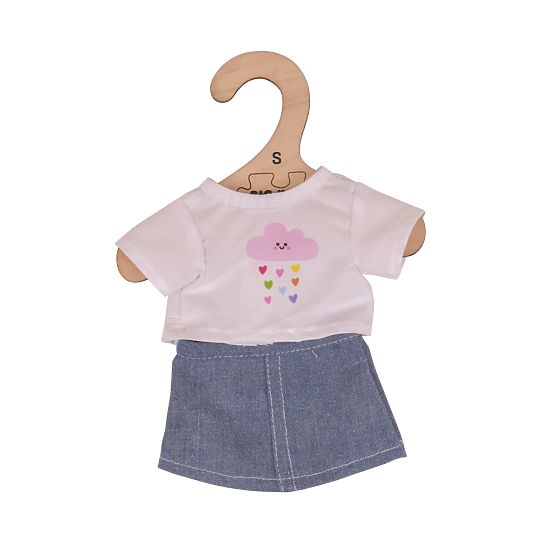 Bigjigs Toys Tricou alb cu fustă din denim pentru păpușă de 28 cm
