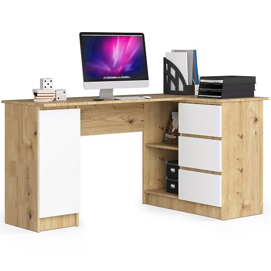 Birou colțar B20 155 cm dreapta - PK stejar artisan-alb - 3 sertare
