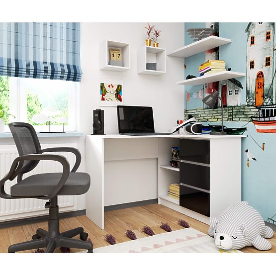 BIROU DE COLȚ B16 124 cm DREAPTA 3 SERTARE PK ALB / NEGRU LUCIOAS