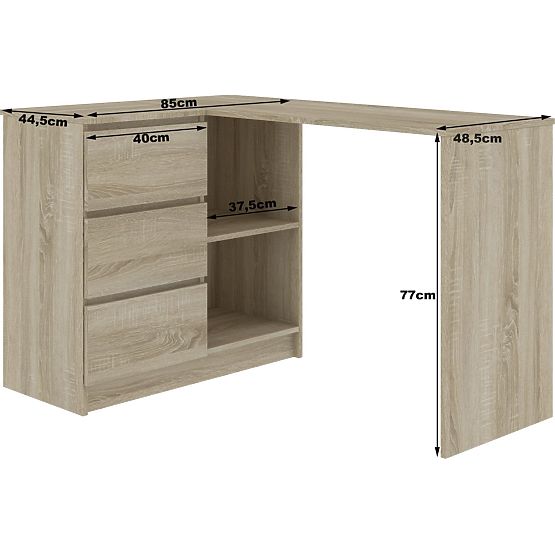 BIROU DE COLȚ B16 124 cm STÂNGA 3 SERTARE STEJAR SONOMA / ALB