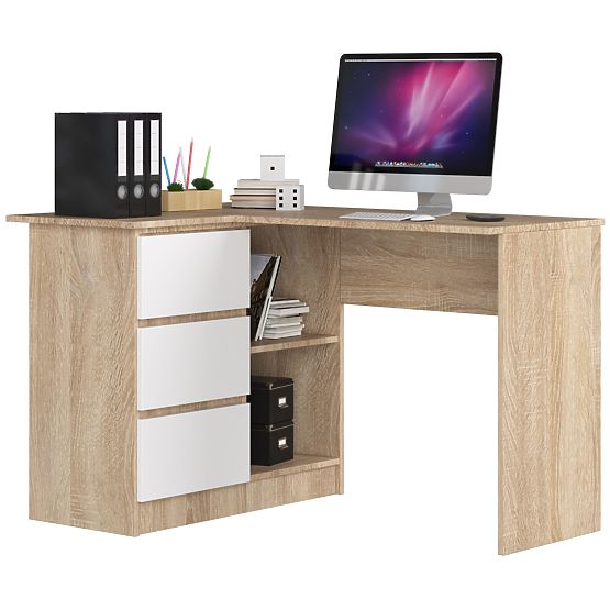 BIROU DE COLȚ B16 124 cm STÂNGA 3 SERTARE STEJAR SONOMA / ALB