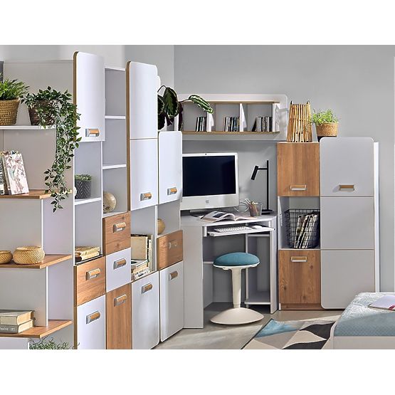 Masă de birou de colț L11 - alb / stejar nash