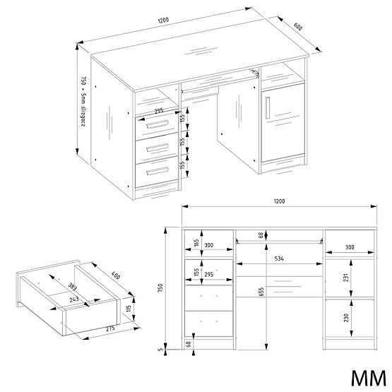 BIROU DELTA ALBĂ 120 cm 3 Sertare Dulap Rafturi Pentru Birou Cameră Laptop