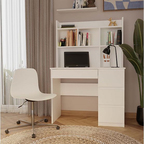 Birou MIJAS Dreapta cu Suprapunere Alb Mat 4 Sertare 4 Rafturi pentru Birou Cameră