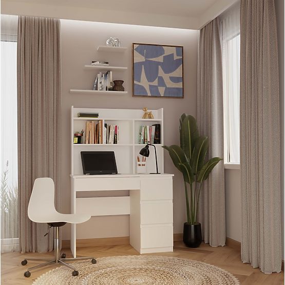 Birou MIJAS Dreapta cu Suprapunere Alb Mat 4 Sertare 4 Rafturi pentru Birou Cameră