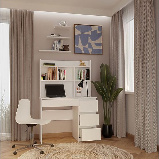 Birou MIJAS Dreapta cu Suprapunere Alb Mat 4 Sertare 4 Rafturi pentru Birou Cameră