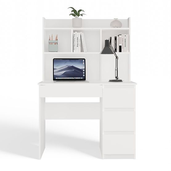 Birou MIJAS Dreapta cu Suprapunere Alb Mat 4 Sertare 4 Rafturi pentru Birou Cameră