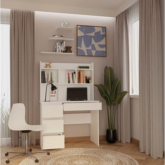 Birou MIJAS Stânga cu Suprapunere Alb Mat 4 Sertare 4 Rafturi pentru Birou Cameră