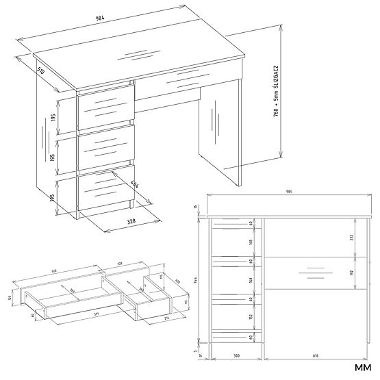 Birou MIJAS Stânga cu Suprapunere Alb Mat 4 Sertare 4 Rafturi pentru Birou Cameră