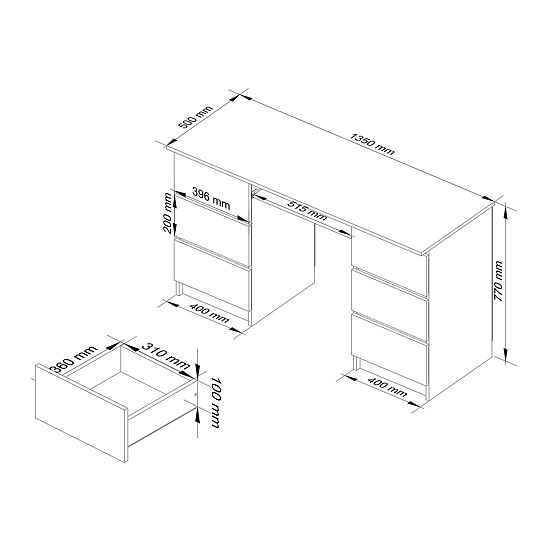 Birou pentru calculator A-11 135 cm 6 sertare PK alb-grafit gri
