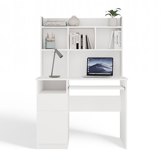 Birou PORTO Stânga cu Suprastructură Alb Mat Sertar Rafturi pentru Birou Cameră