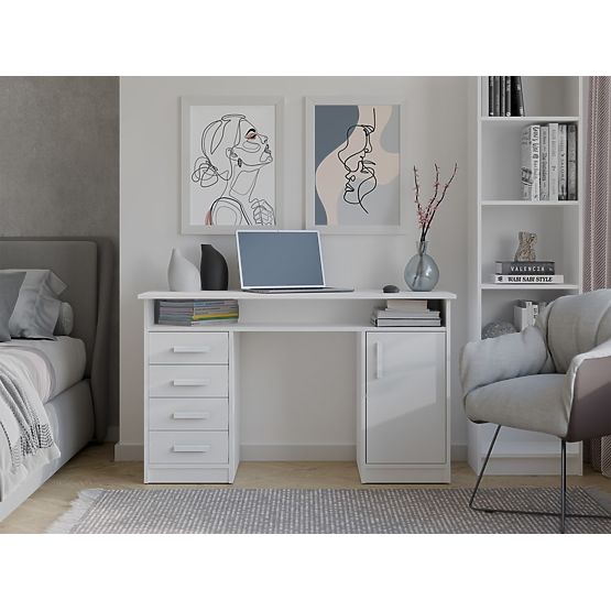 BIURCO ADA ALB 125 Cm 4 Sertare Dulap Rafturi Pentru Birou Cameră Pentru Laptop