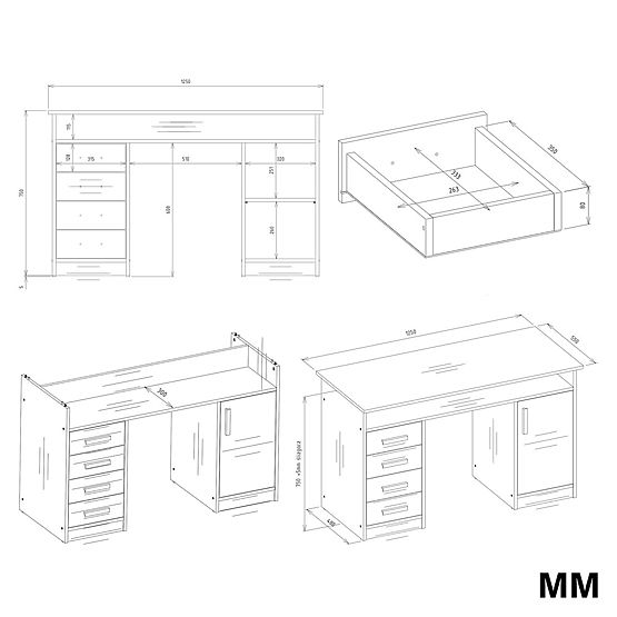 BIURCO ADA STEJAR ARTISAN 125 Cm 4 Sertare Dulap Rafturi Pentru Birou Cameră Pentru Laptop