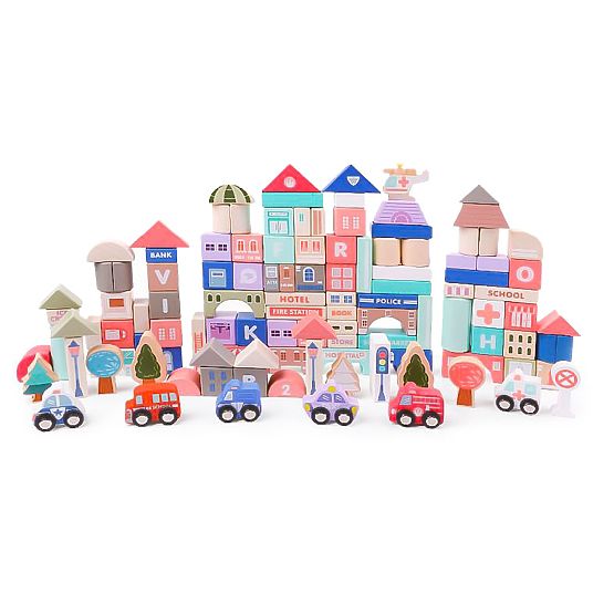 Blocuri educative din lemn oraș cu bază 115 bucăți ECOTOYS