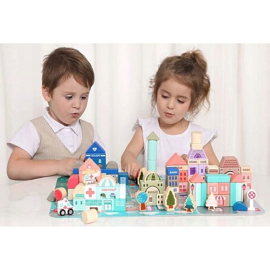 Blocuri educative din lemn oraș cu bază 115 bucăți ECOTOYS